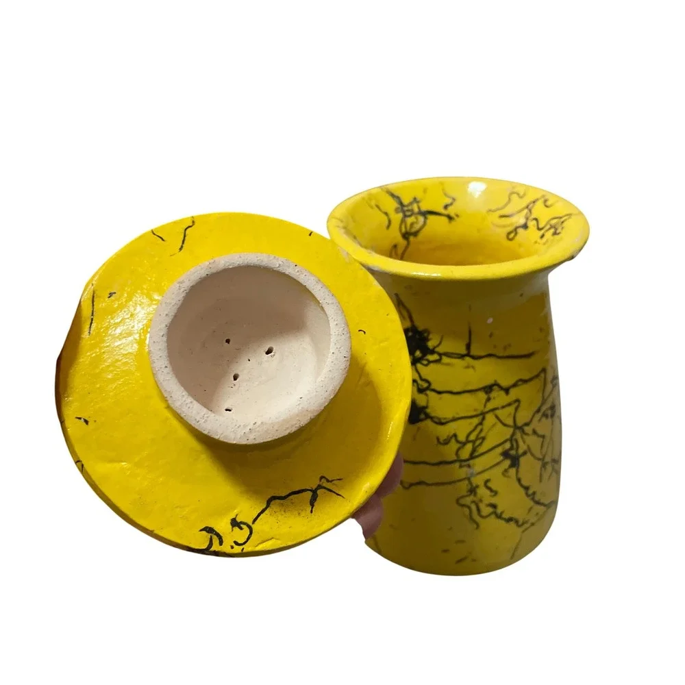 Vintage‎ Yellow Ceramic Jar w/ Lid Incense Apothecary Vase Black Swirl Design